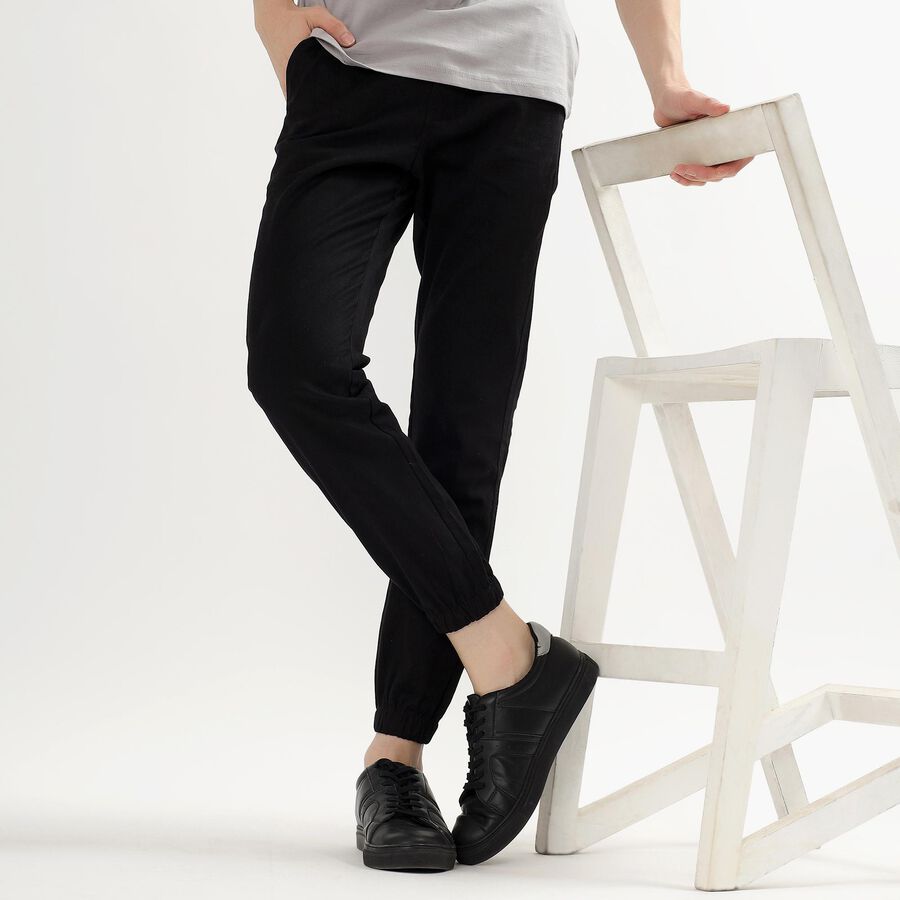 Unisex Jet Black Slim Fit Jogger Trousers, Black, large image number null