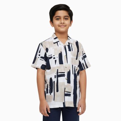 Boys' Rich Eggshell White Cotton Half Sleeve Cuban Collar Casual Shirt