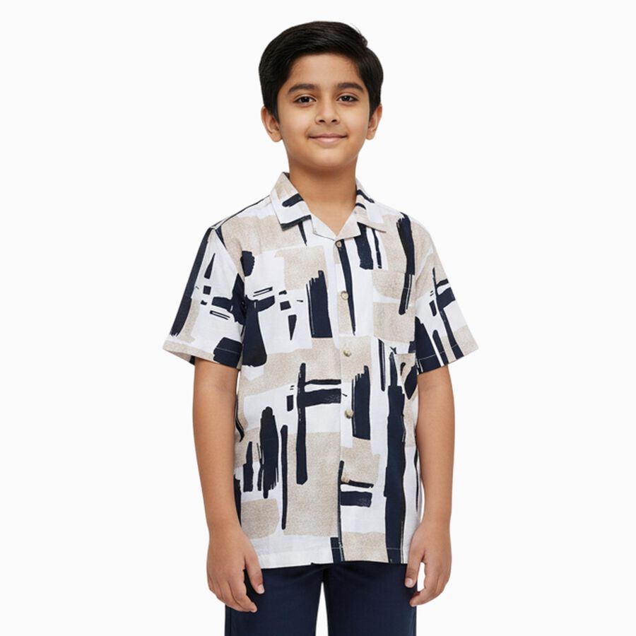Boys' Rich Eggshell White Cotton Half Sleeve Cuban Collar Casual Shirt, Off White, large image number null