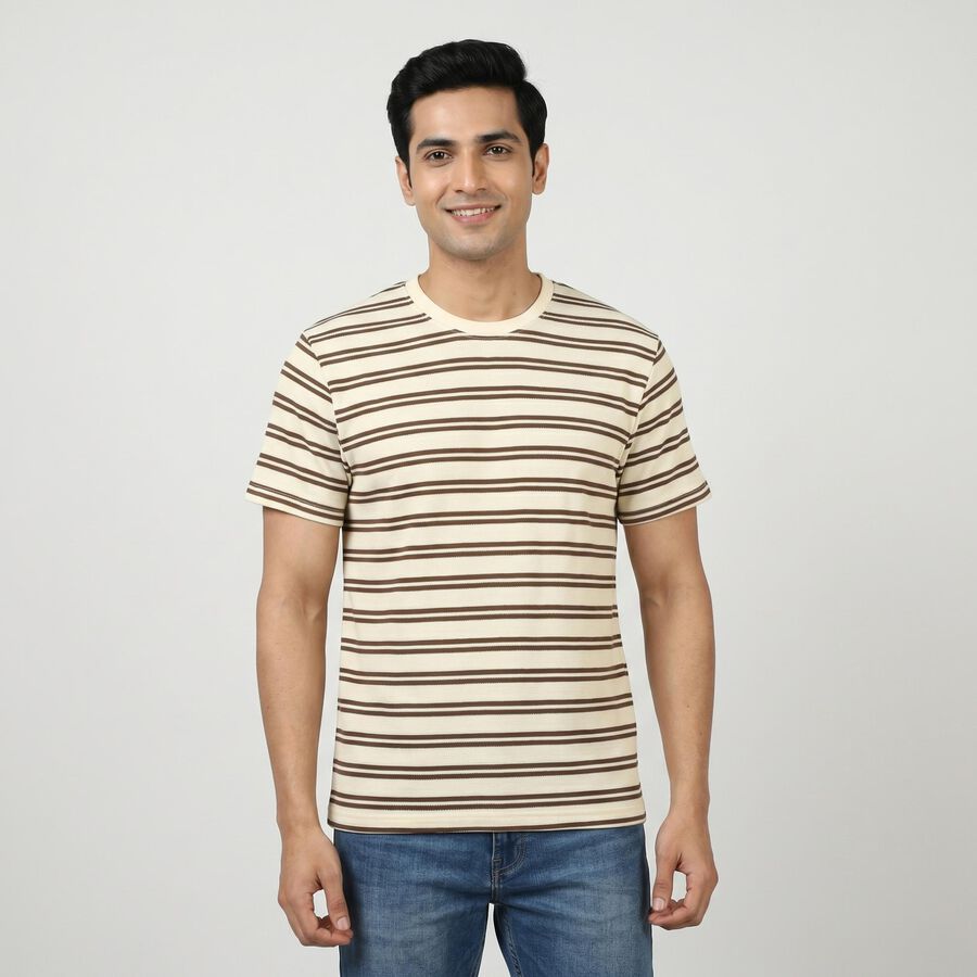Men's Brown Round Neck Casual T-Shirt, भूरा, large