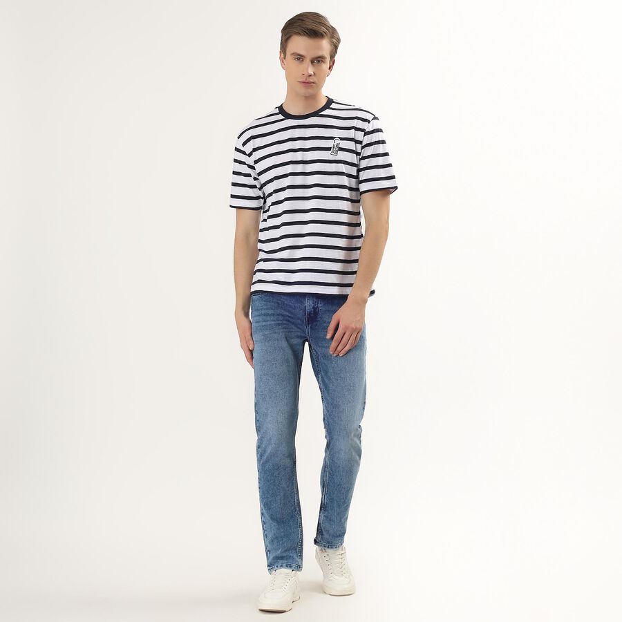 Men's White Round Neck Striped T-Shirt, White, large