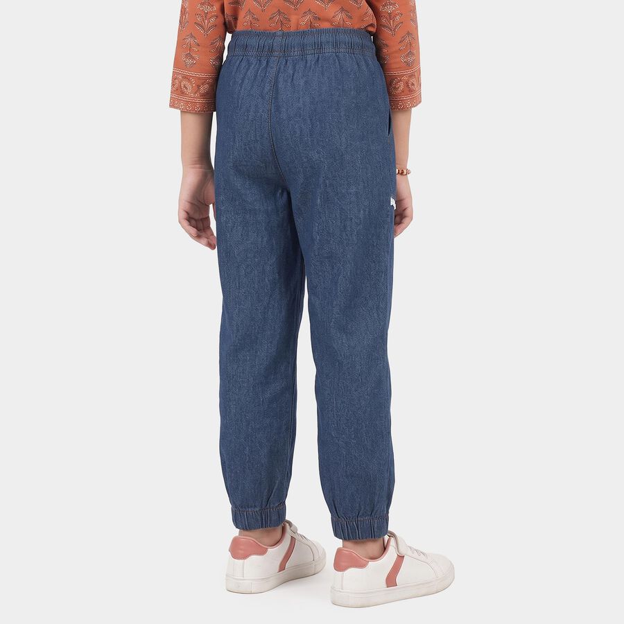 Girls Blue Jogger Fit Lace Trim Jeans, गहरा नीला, large