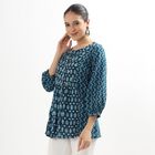 Ladies' Dark Peacock Blue Round Neck Printed Kurti, गहरा नीला, small image number null
