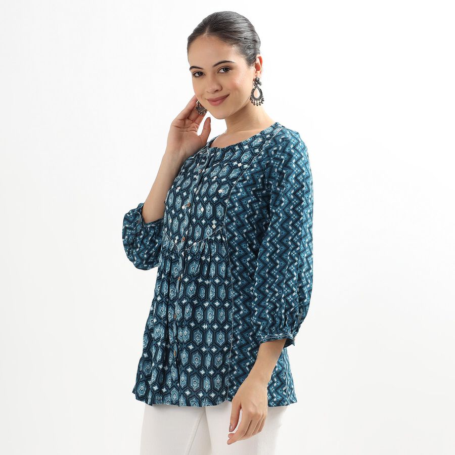 Ladies' Dark Peacock Blue Round Neck Printed Kurti, गहरा नीला, large image number null