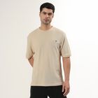 Men's Light Oatmeal Beige Round Neck Minimalist T-Shirt, Beige, small