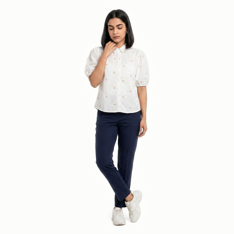 Women's White Cotton Half Sleeves Collar Regular Fit Shirt, सफ़ेद, large