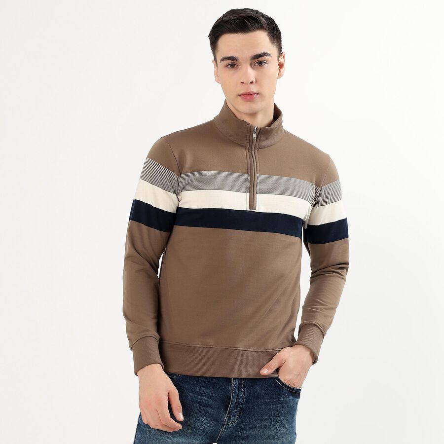 Men's Muted Olive Green Zip Neck Casual Sweatshirt, Olive, large image number null