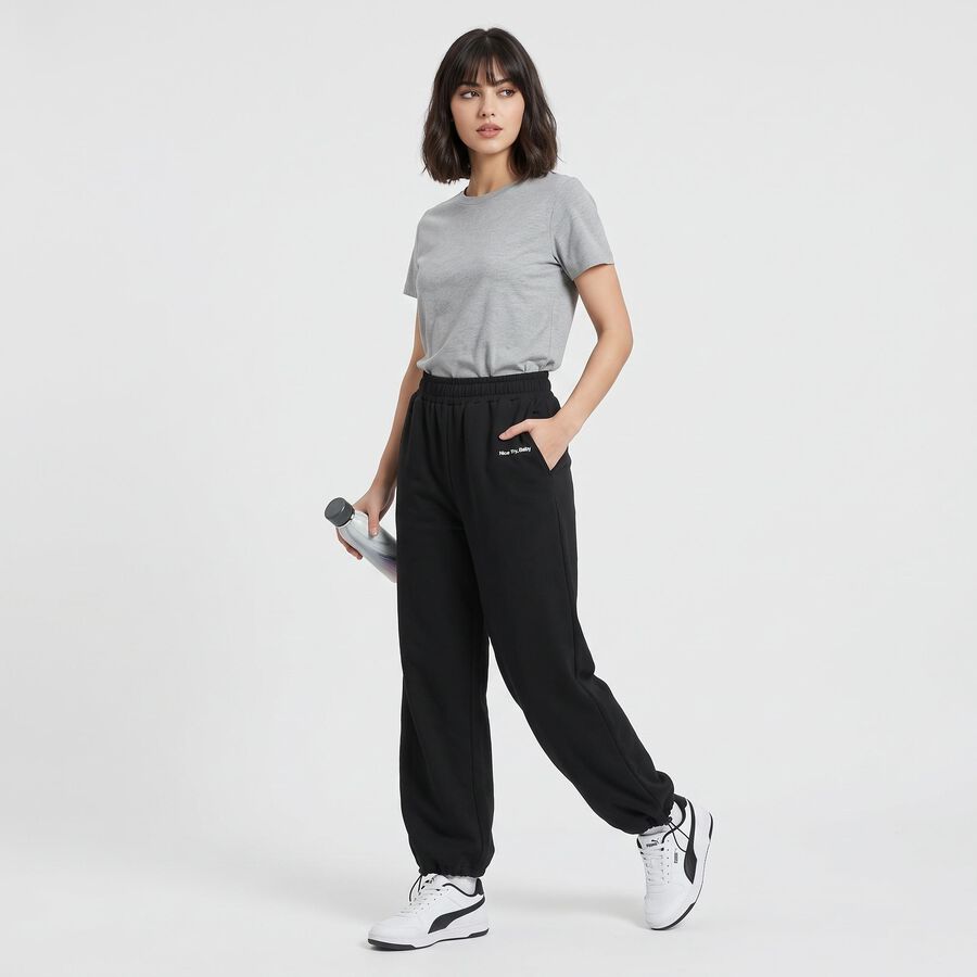 Women's Black Relaxed Fit Drawstring Hem Jogger Track Pants, काला, large