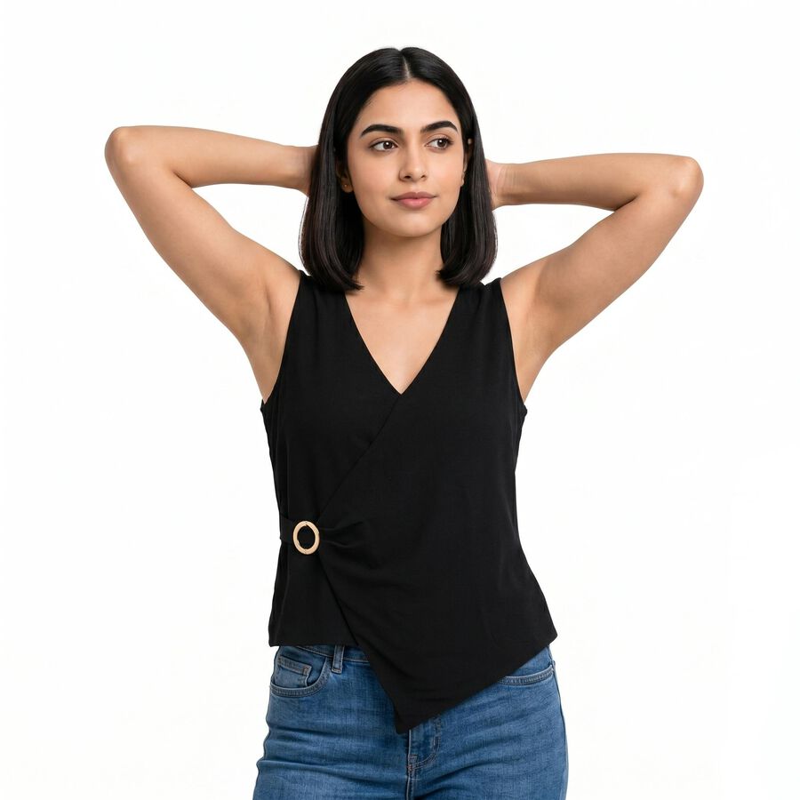 Women's Black V-Neck Wrap Top, Black, large