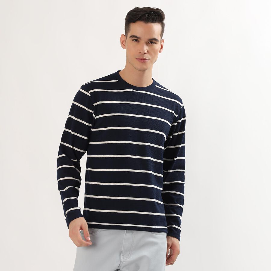 Men's Deep Midnight Navy Blue Crew Neck Casual Full Sleeve T-Shirt , Navy Blue, large image number null