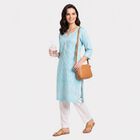 Women's Light Blue Round Neck Printed Straight Kurta, हल्का नीला, small