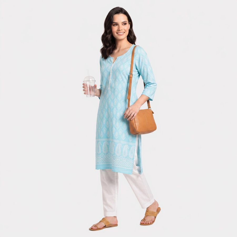Women's Light Blue Round Neck Printed Straight Kurta, हल्का नीला, large