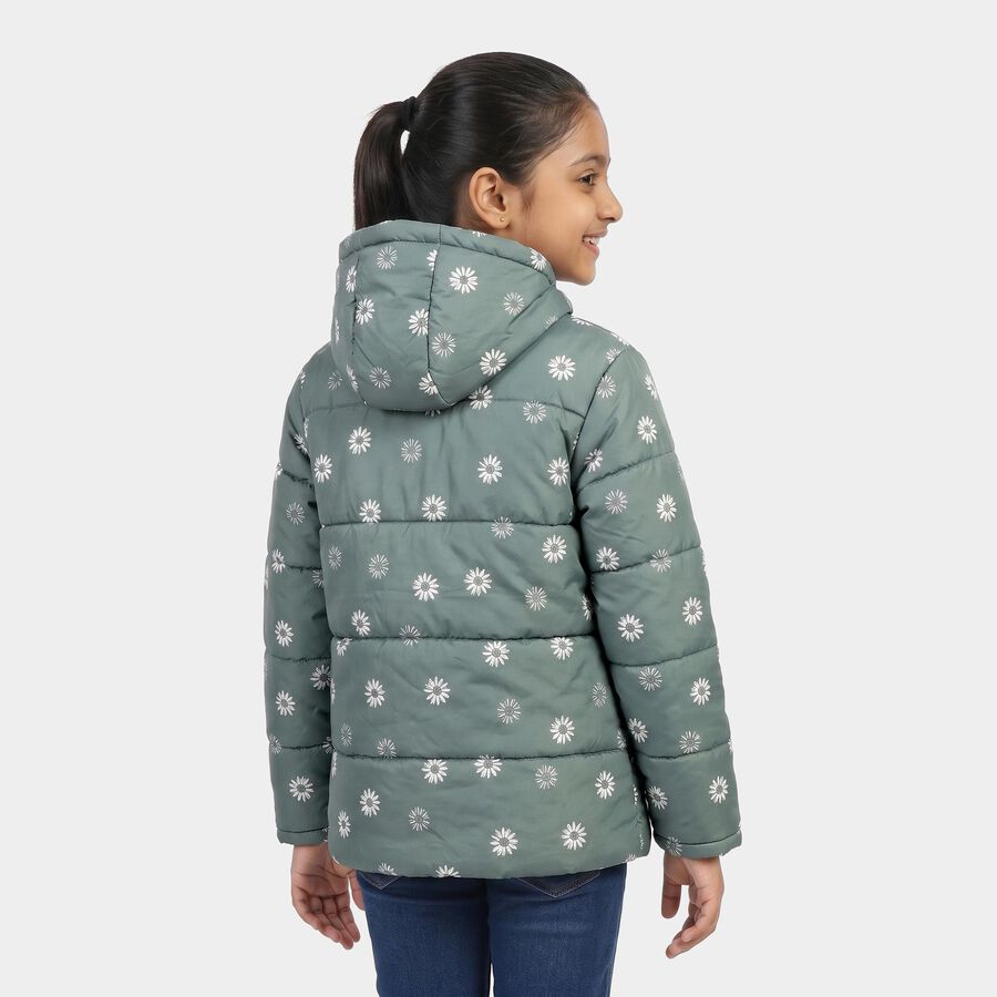 Girls' Olive Green Hooded Puffer Jacket, Olive, large