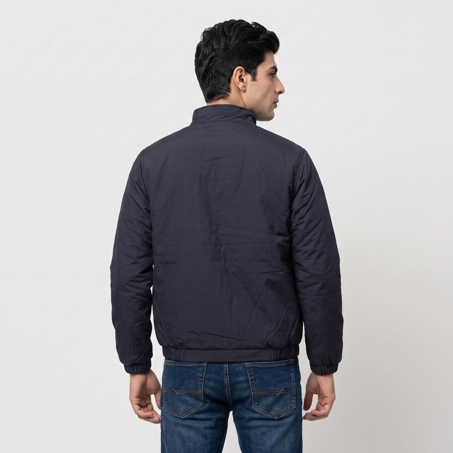 Men's Navy Blue Stand Collar Bomber Jacket, Navy Blue, large