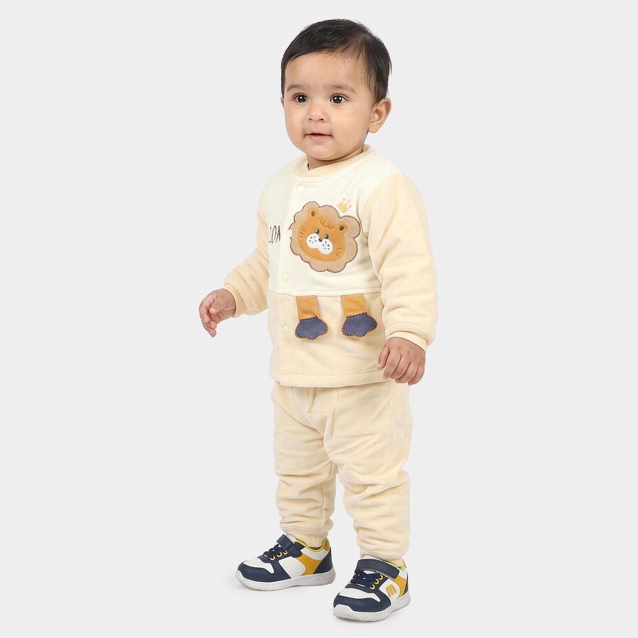 Infants' Beige Round Neck Lion Applique Baba Suit, गहरा पीला, large