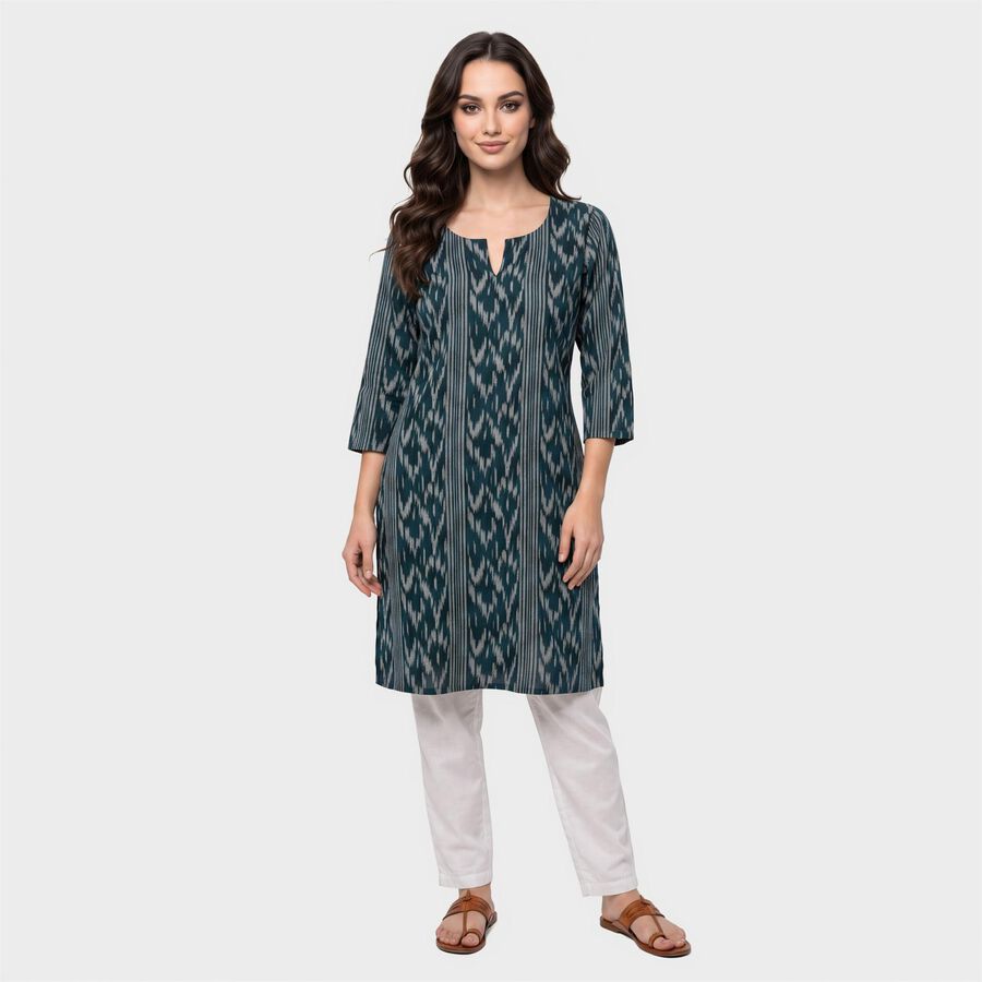 Women's Teal Notch Neck Ikat Printed Kurta, Teal Blue, large