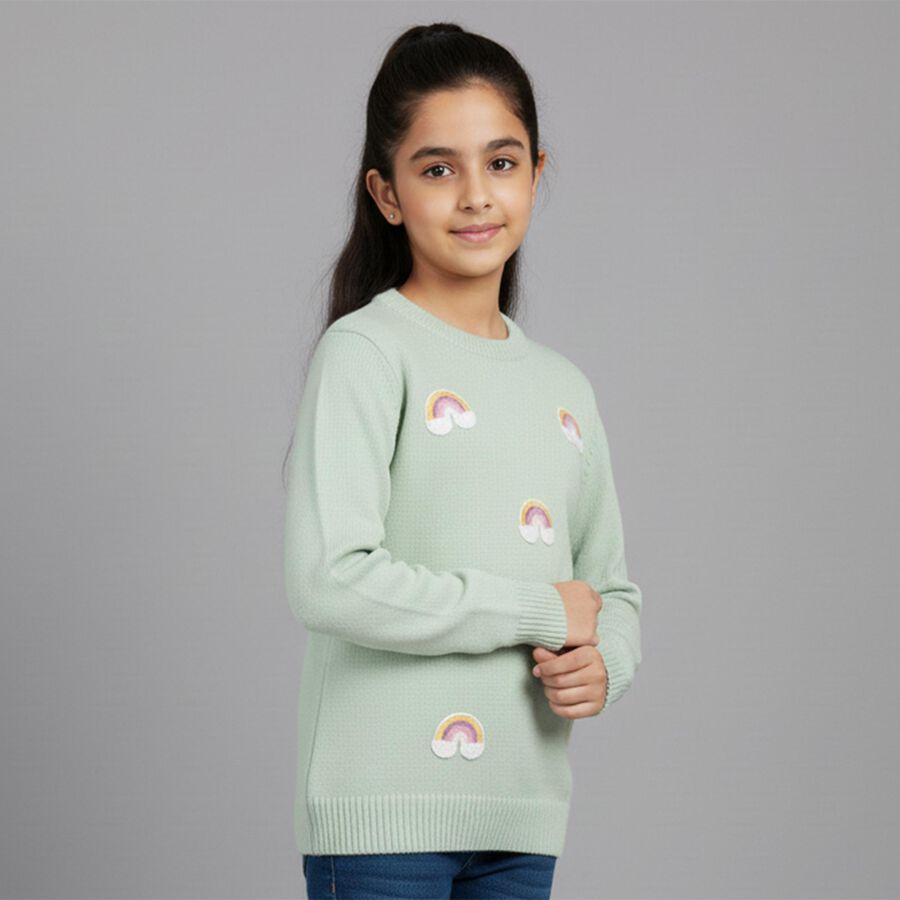 Girls' Light Mint Green Crew Neck Knit Pullover, Light Green, large image number null
