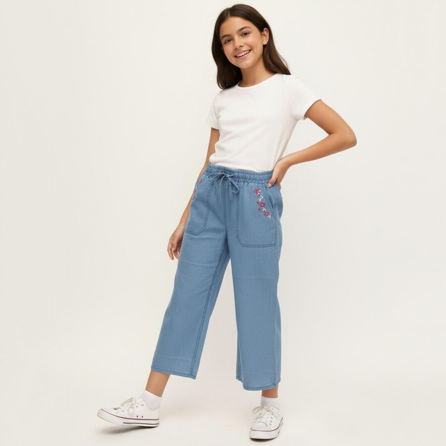 Girls' Light Blue Wide Leg Embroidered Jeans, हल्का नीला, large image number null