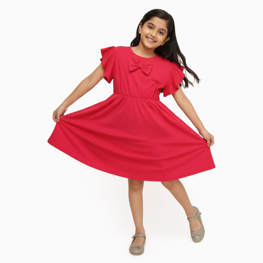 Girls' Bright Red Round Neck Party Dress, रानी (फ्यूशिया), large