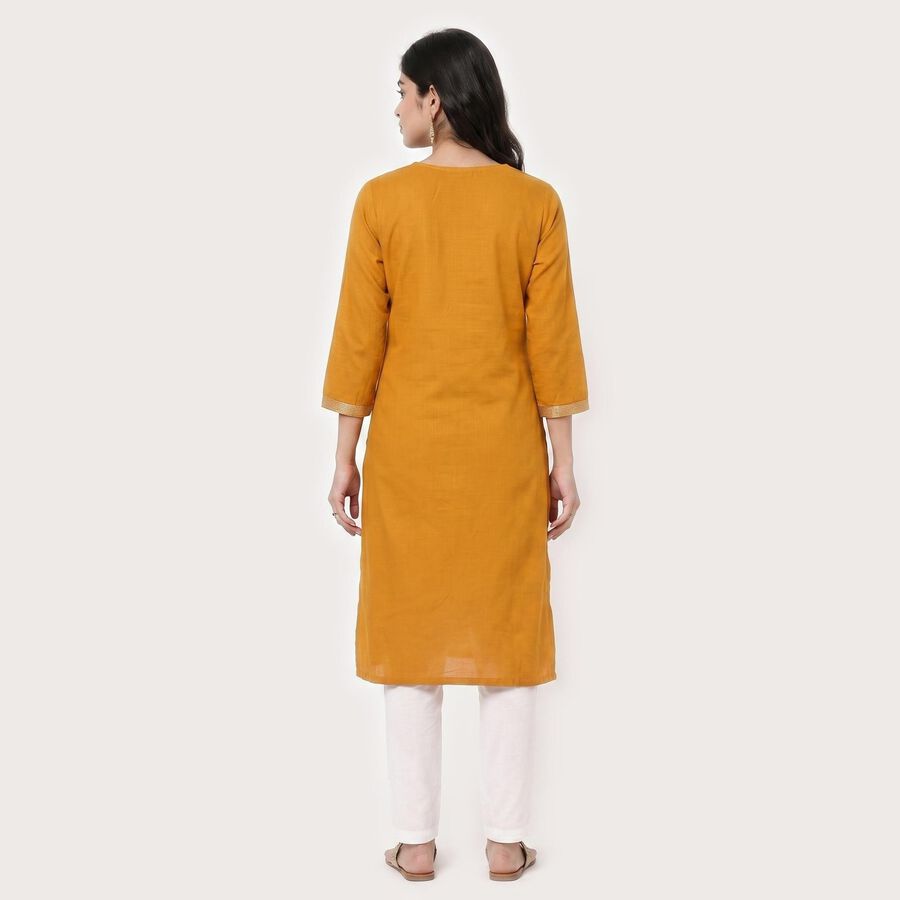 Women's Mustard V-Neck Embroidered Kurta, Yellow, large