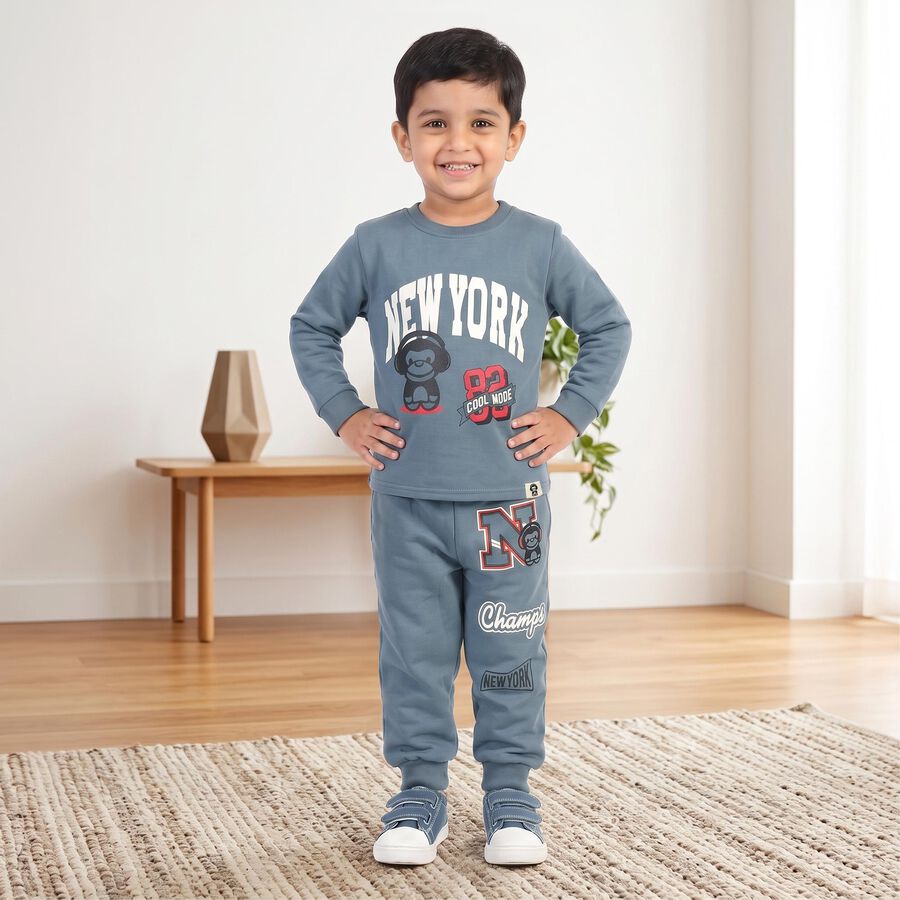 Boys Blue Crew Neck Graphic Print Baba Suit, Mid Blue, large