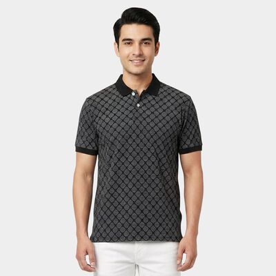 Men's Navy Blue Cotton Polo Neck Printed T-Shirt