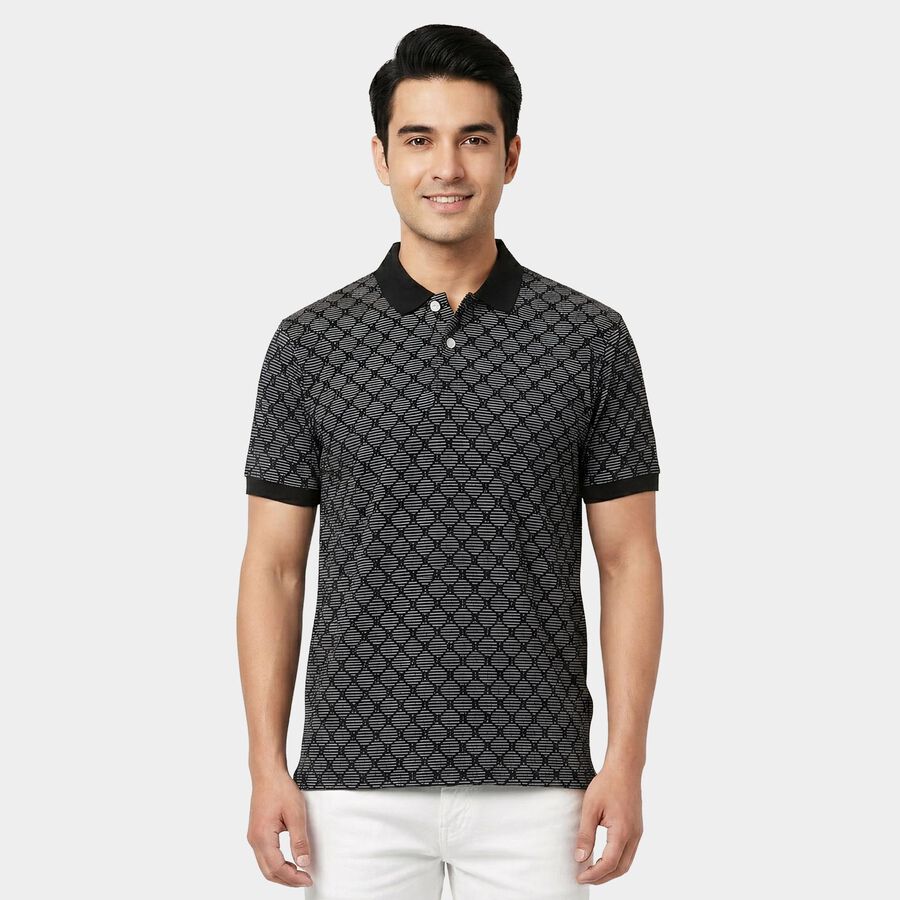 Men's Navy Blue Cotton Polo Neck Printed T-Shirt, नेवी ब्लू, large