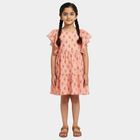 Girls' Peach Sleeveless Floral A-Line Dress, पीच, small