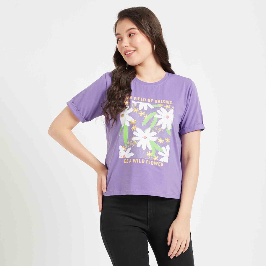 Printed Round Neck T-Shirt, Lilac, large image number null