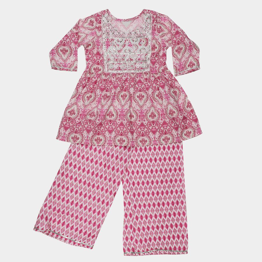 Girls' Pink Embroidered Kurta and Pant Fusion Set, Pink, large