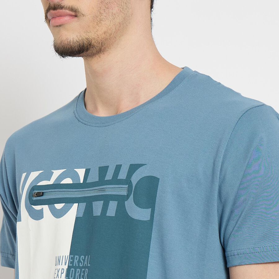 Men's 100% Cotton Round Neck Half Sleeves T-Shirt , मध्यम नीला, large
