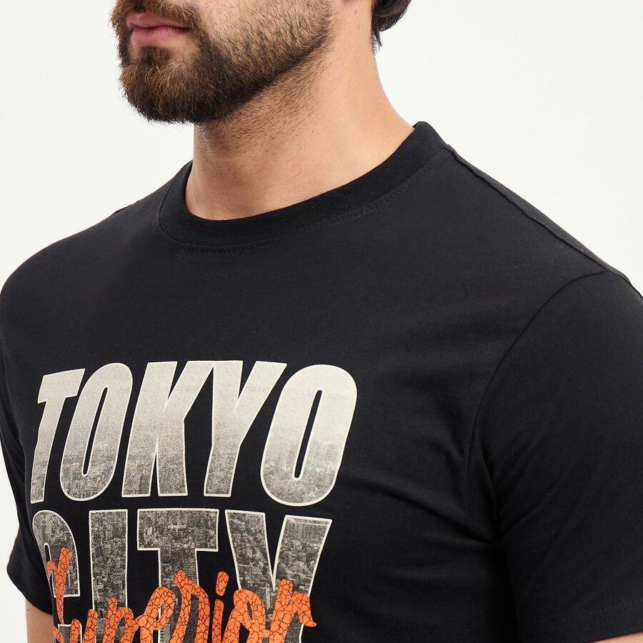 Men's Black Cotton Round Neck Classic T-Shirt, Black, large