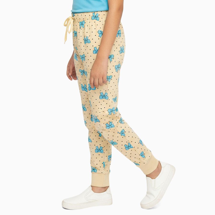 Girls' Beige Bow Print Cotton Blend Pyjama, ऑफ व्हाइट, large image number null