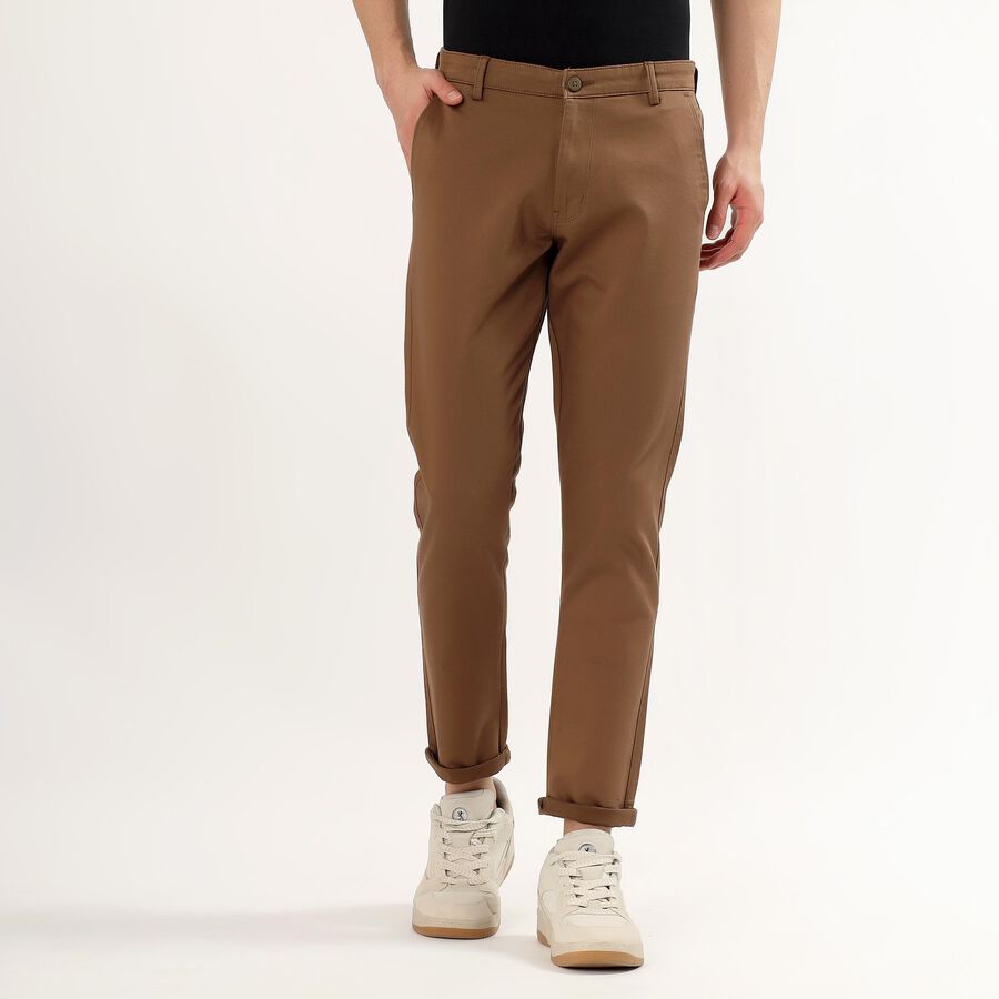 Men's Warm Chestnut Brown Slim Fit Flat-Front Casual Trousers, भूरा, large