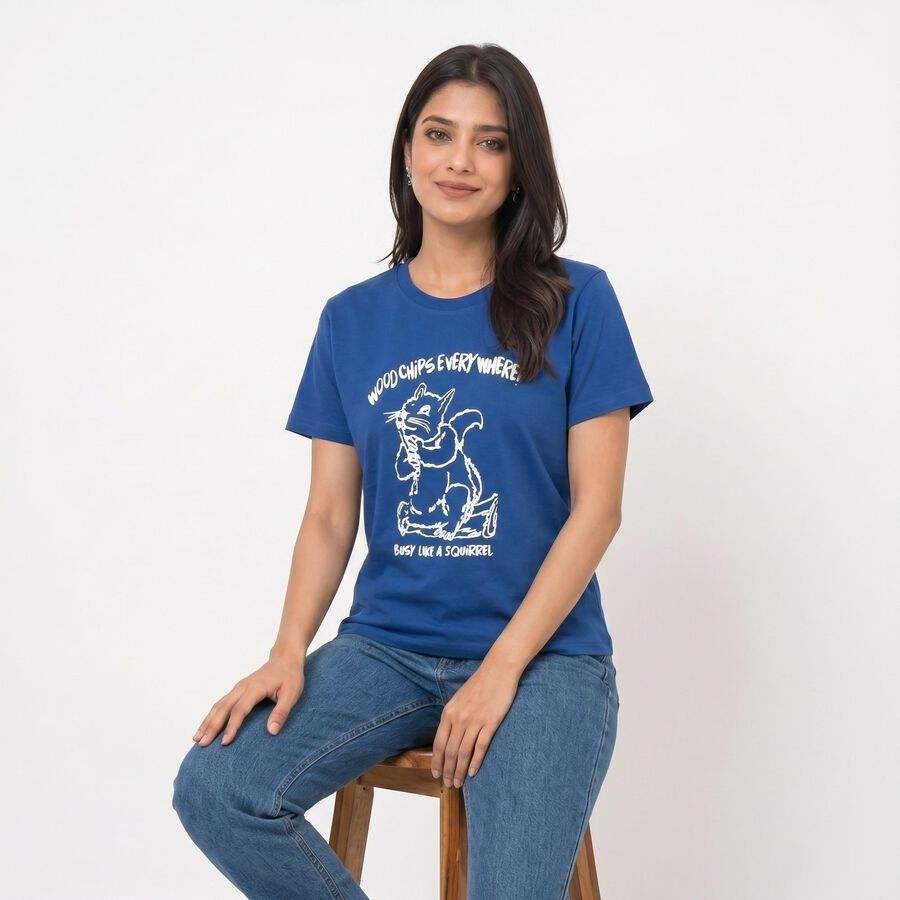 Women's Blue Round Neck Regular T-Shirt, Blue, large