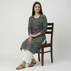 Women's Dark Green Cotton Round Neck Floral Printed Kurta, गहरा हरा, small