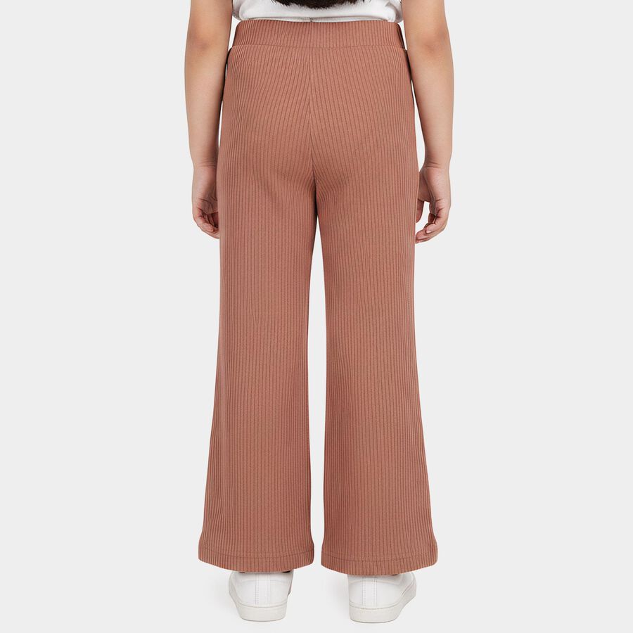 Girls Light Pink Regular Fit Ribbed Wide Leg Trousers, हल्का गुलाबी, large