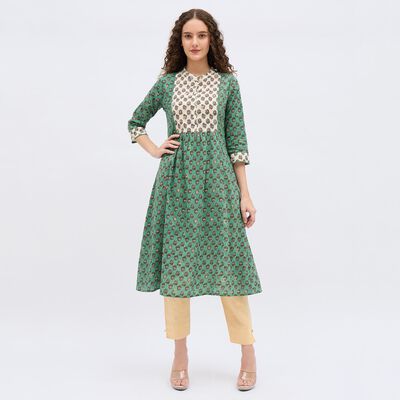 Women's Light Gray Cotton Round Neck Printed Kurta