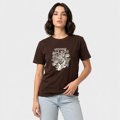 Women's Brown Round Neck Regular Graphic Print T-Shirt
