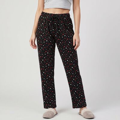 Women Black Straight Fit Heart Printed Pyjama