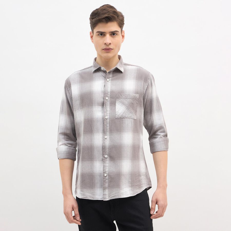 Men's Light Grey Cotton Spread Collar Casual Shirt, हल्का ग्रे, large