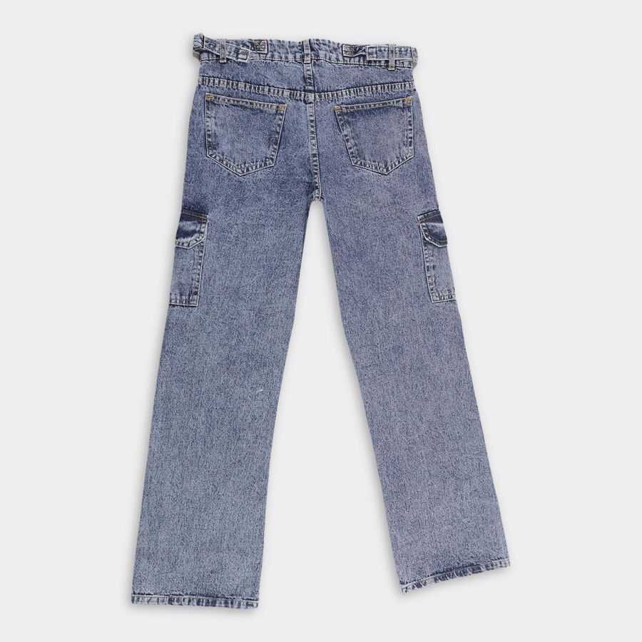 Girls' Stonewashed Blue Regular Fit Cargo Jeans, Mid Blue, large image number null