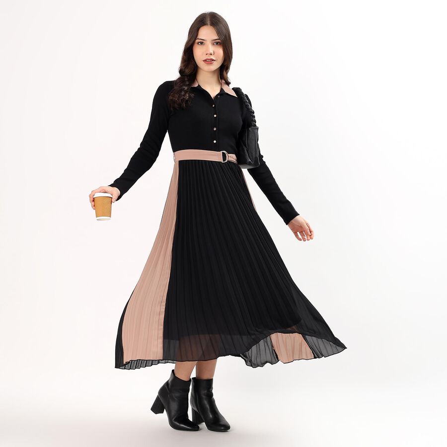 Women's Black and Beige Collared Button-Down Maxi Dress, Black, large