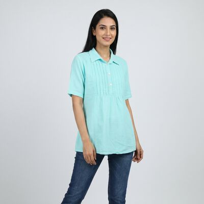 Women's Aqua Collar Neck Pintuck Solid Kurti