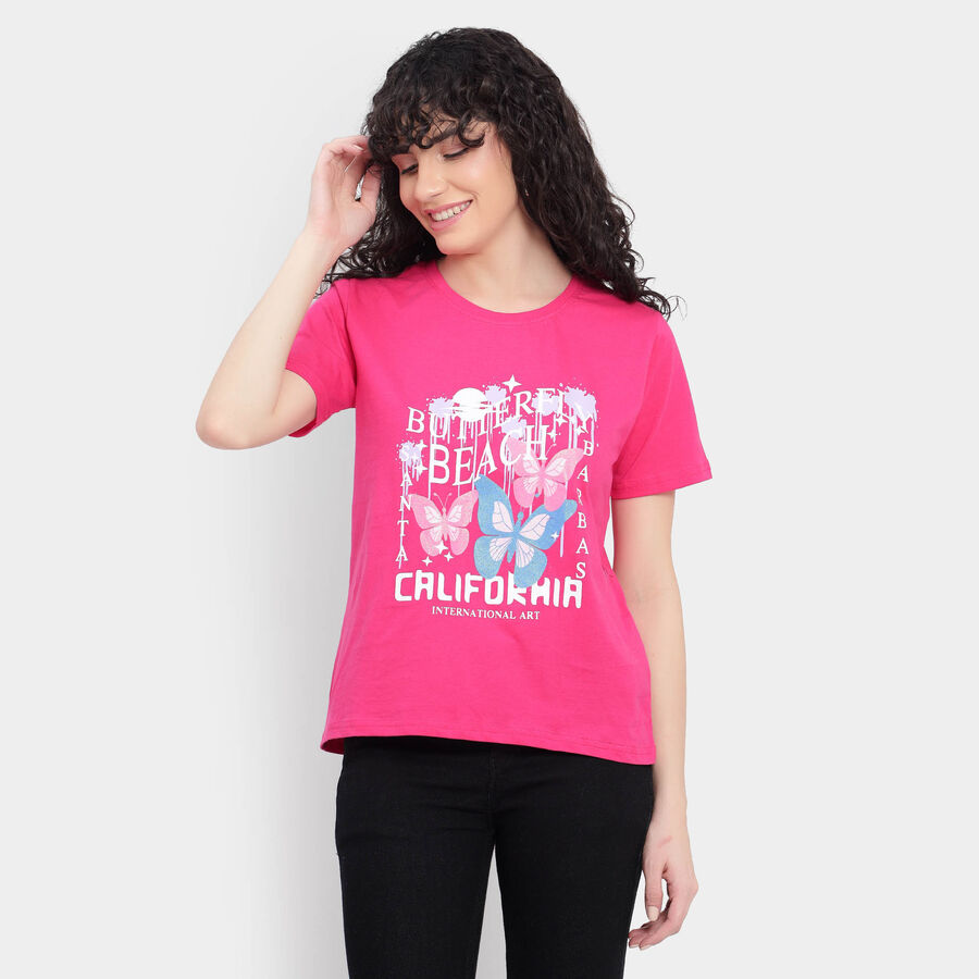 Cotton Round Neck T-Shirt, गुलाबी, large image number null