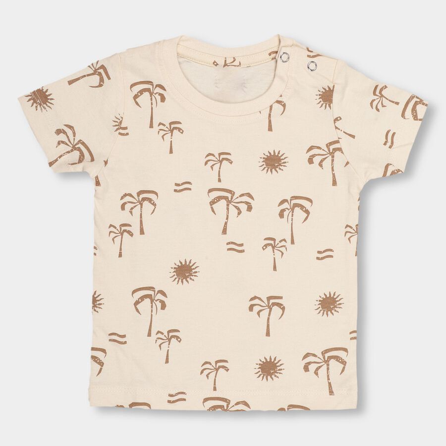 Infant Beige and Brown Cotton Round Neck T-Shirt, भूरा, large image number null