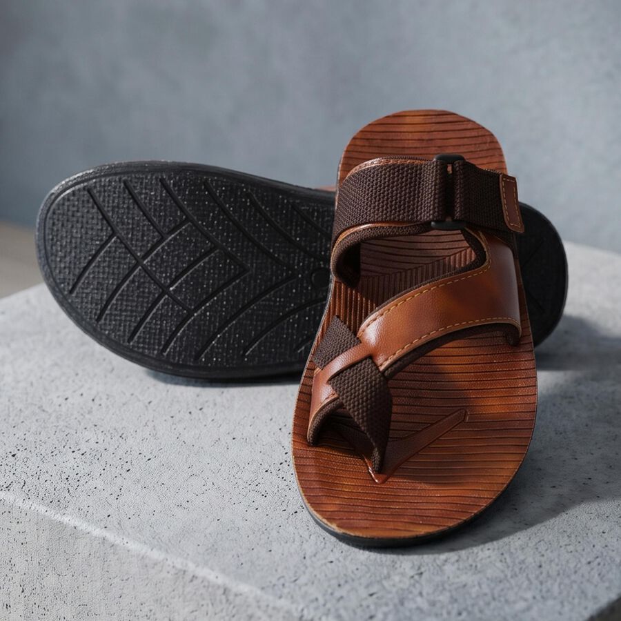 Men's Brown PU Thong Slip-On Sandals, भूरा, large