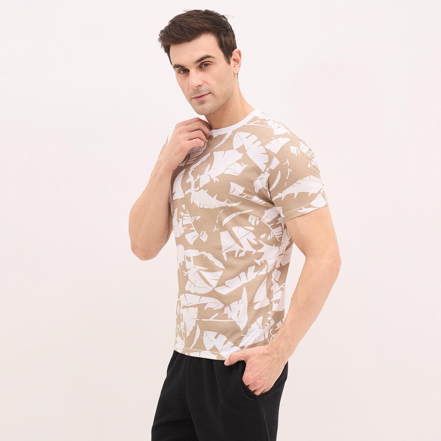 Men's Muted Beige Cotton Round Neck Floral Print T-Shirt, Khaki, large image number null