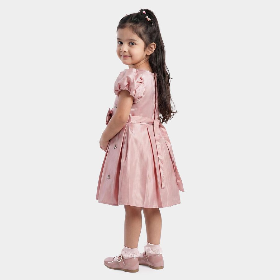 Girls Pink Fit and Flare Embellished Bow Party Wear Frock, Light Pink, large