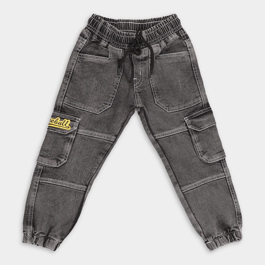 Boys Charcoal Black Cargo Fit Elasticated Jeans, काला, large image number null